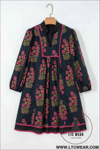 Black Floral Notched Neck Bracelet Sleeve Babydoll Dress