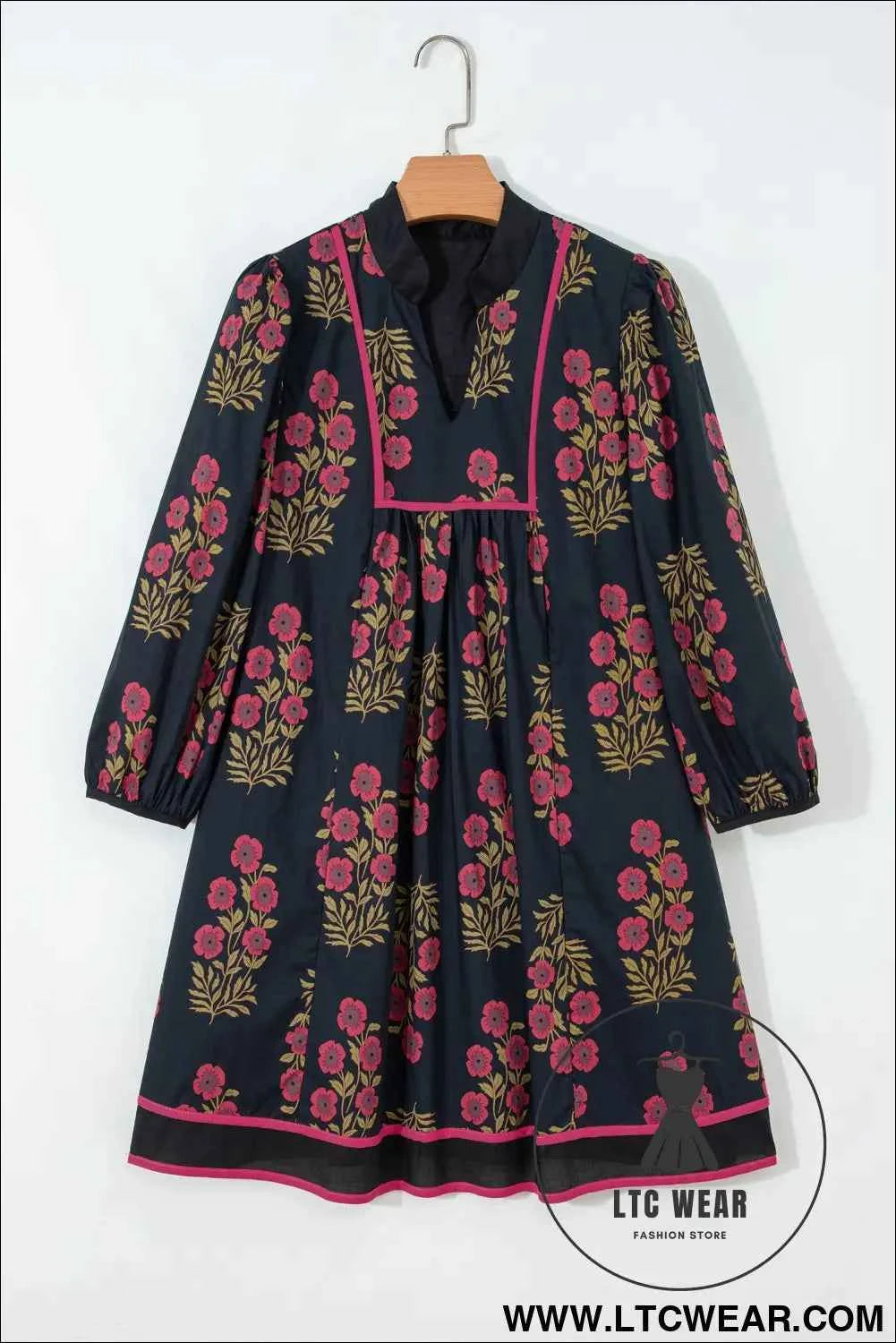 Black Floral Notched Neck Bracelet Sleeve Babydoll Dress