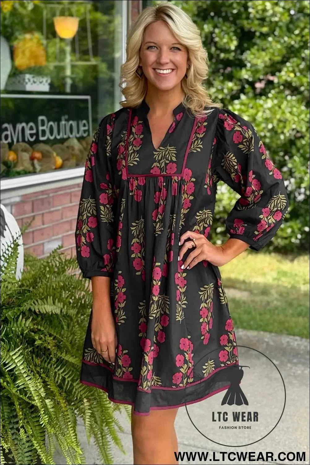 Black Floral Notched Neck Bracelet Sleeve Babydoll Dress
