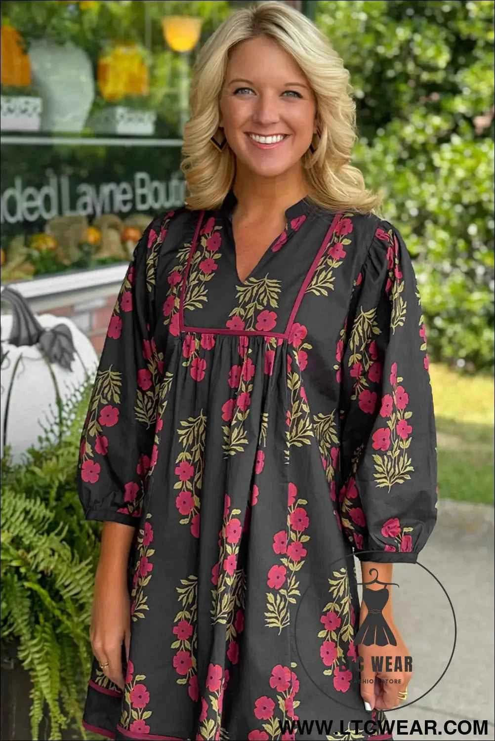 Black Floral Notched Neck Bracelet Sleeve Babydoll Dress
