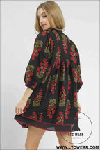 Black Floral Notched Neck Bracelet Sleeve Babydoll Dress
