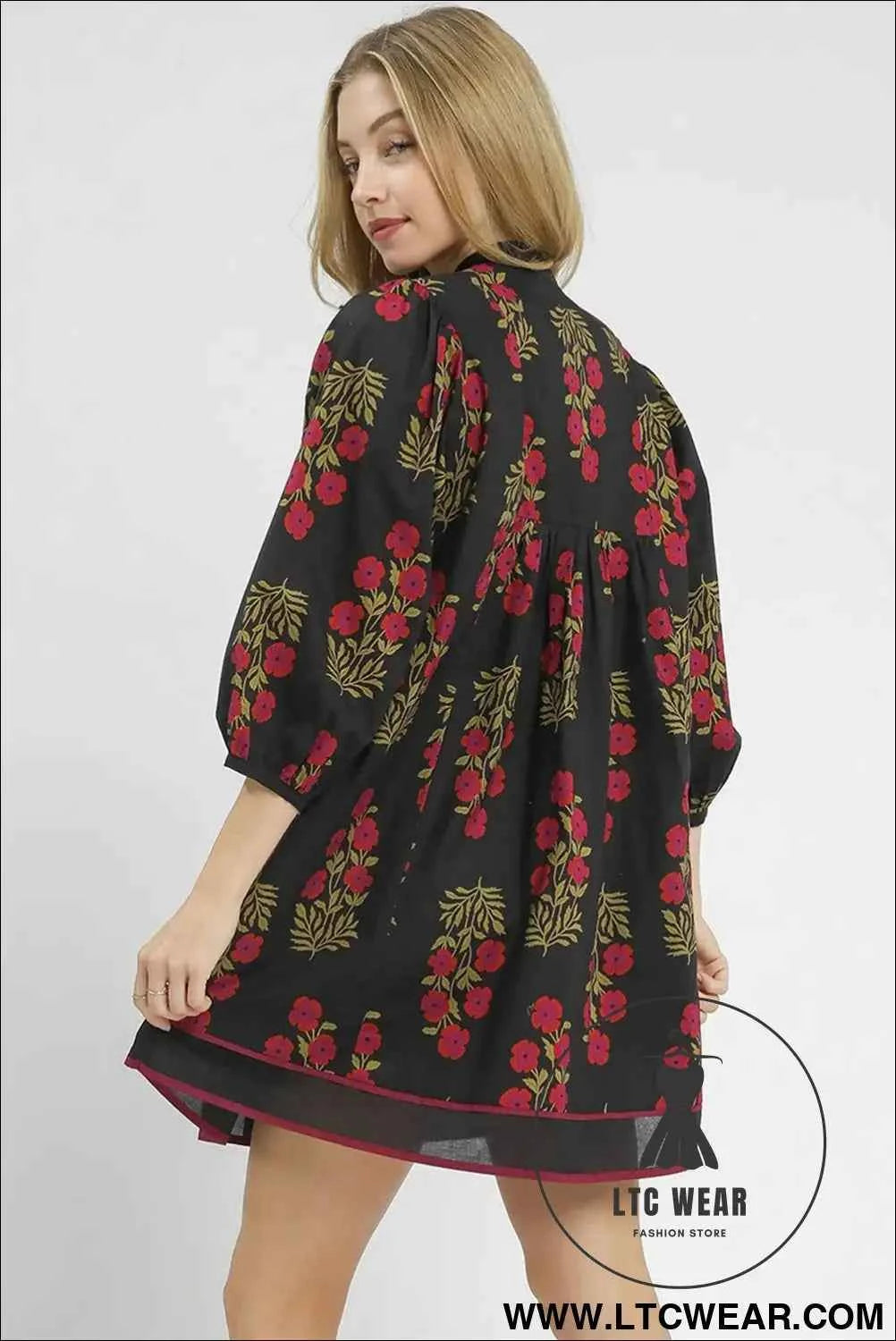 Black Floral Notched Neck Bracelet Sleeve Babydoll Dress