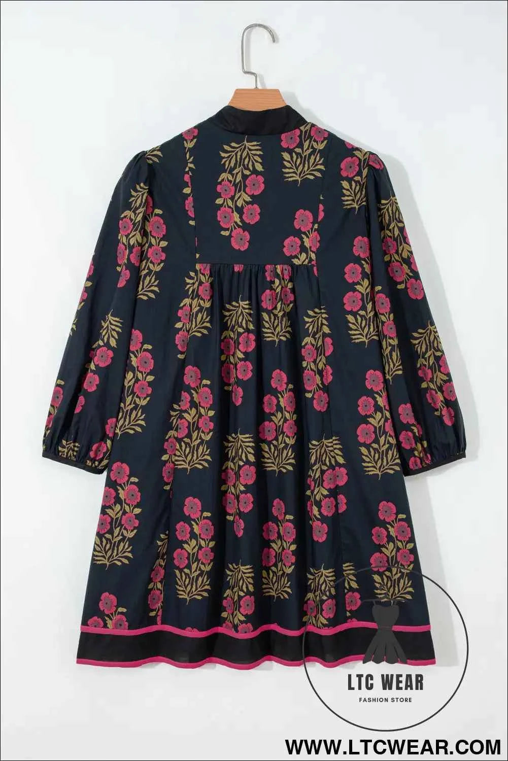 Black Floral Notched Neck Bracelet Sleeve Babydoll Dress