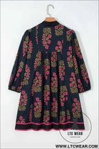 Black Floral Notched Neck Bracelet Sleeve Babydoll Dress