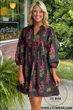 Black Floral Notched Neck Bracelet Sleeve Babydoll Dress