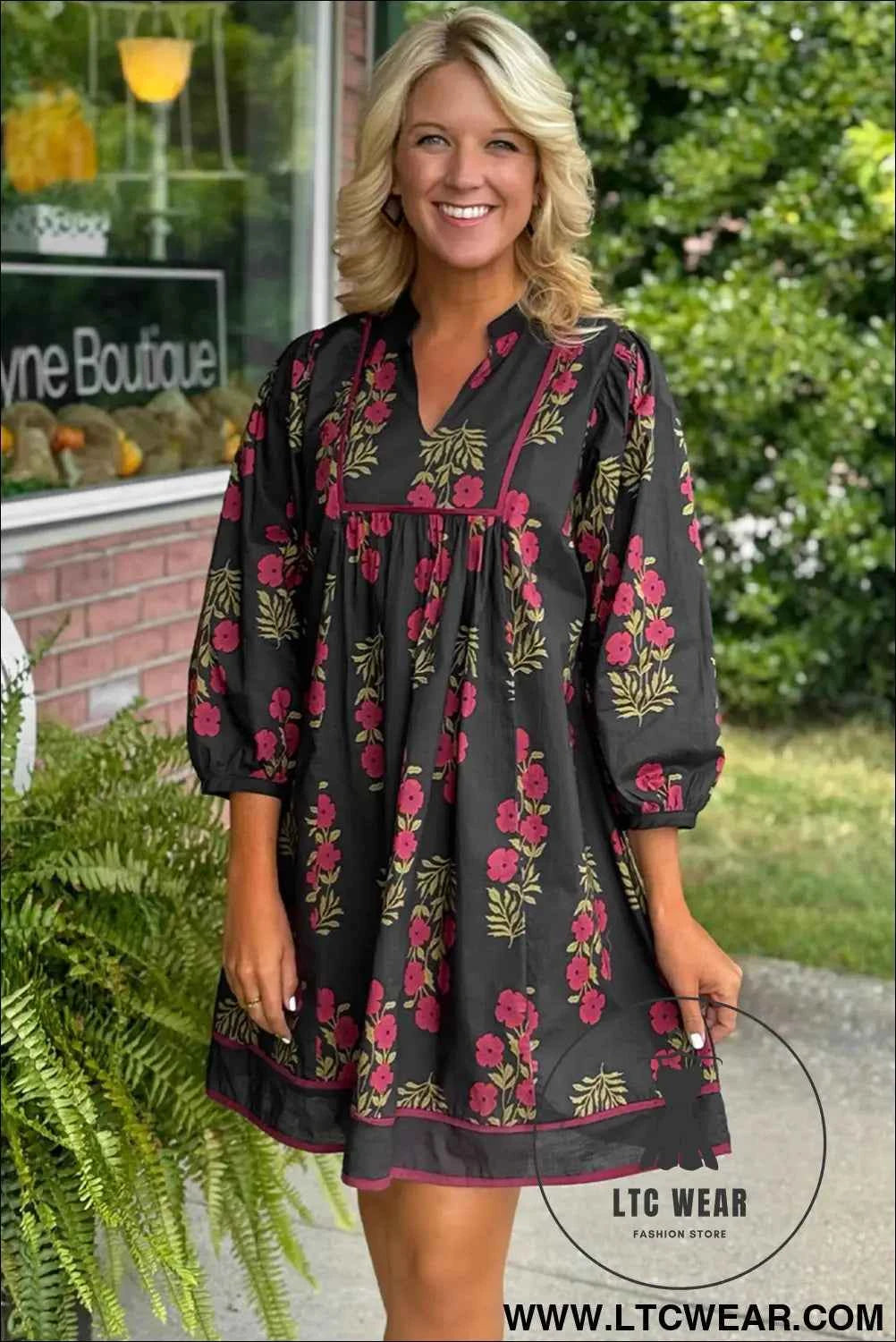 Black Floral Notched Neck Bracelet Sleeve Babydoll Dress