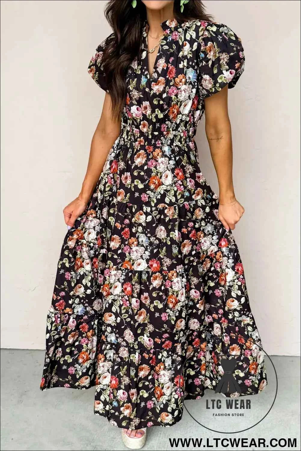 Black Floral Print V Neck Pleated Tiered Maxi Dress
