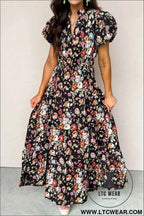 Black Floral Print V Neck Pleated Tiered Maxi Dress