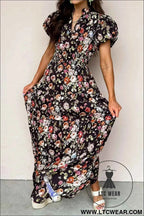 Black Floral Print V Neck Pleated Tiered Maxi Dress