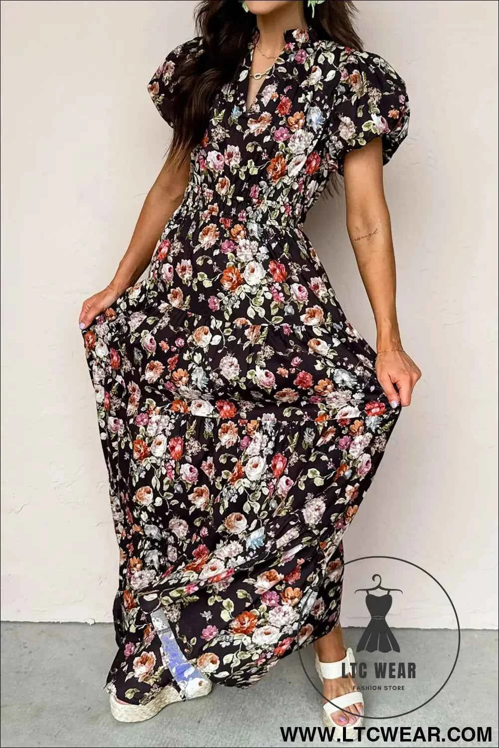 Black Floral Print V Neck Pleated Tiered Maxi Dress