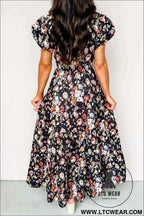 Black Floral Print V Neck Pleated Tiered Maxi Dress