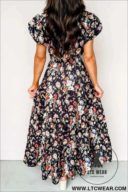 Black Floral Print V Neck Pleated Tiered Maxi Dress