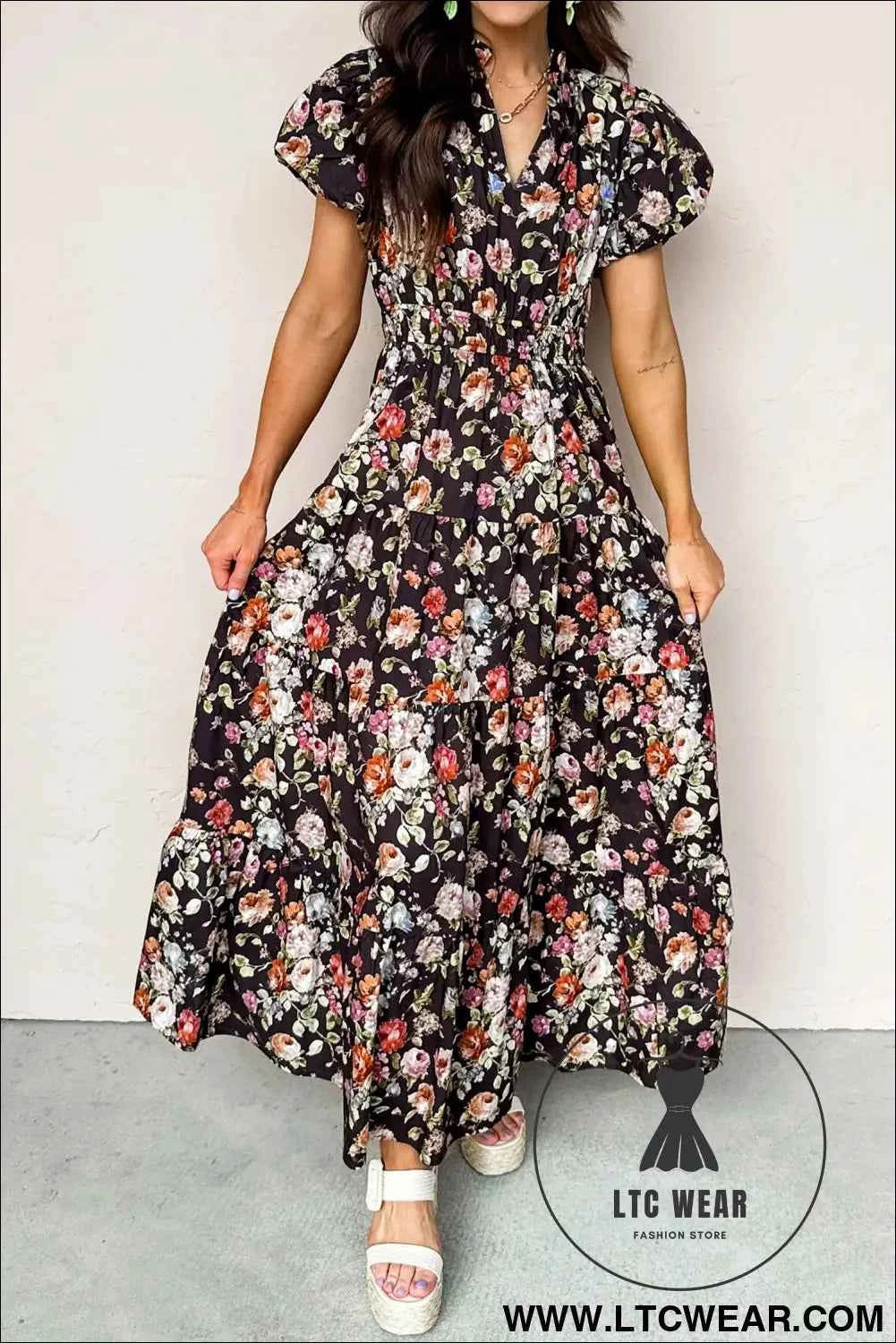Black Floral Print V Neck Pleated Tiered Maxi Dress