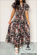 Black Floral Print V Neck Pleated Tiered Maxi Dress