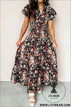 Black Floral Print V Neck Pleated Tiered Maxi Dress