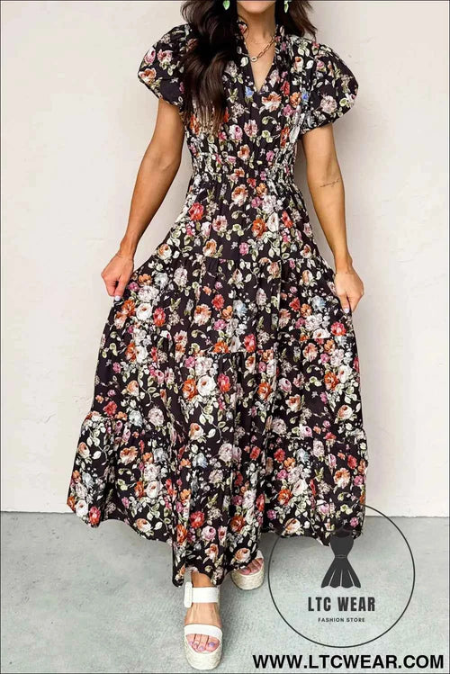 Black Floral Print V Neck Pleated Tiered Maxi Dress