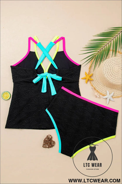 Black Floral Textured Neon Trim V Neck Crisscross Backless Tankini Set - L.T.C Wear Online Fashion Store