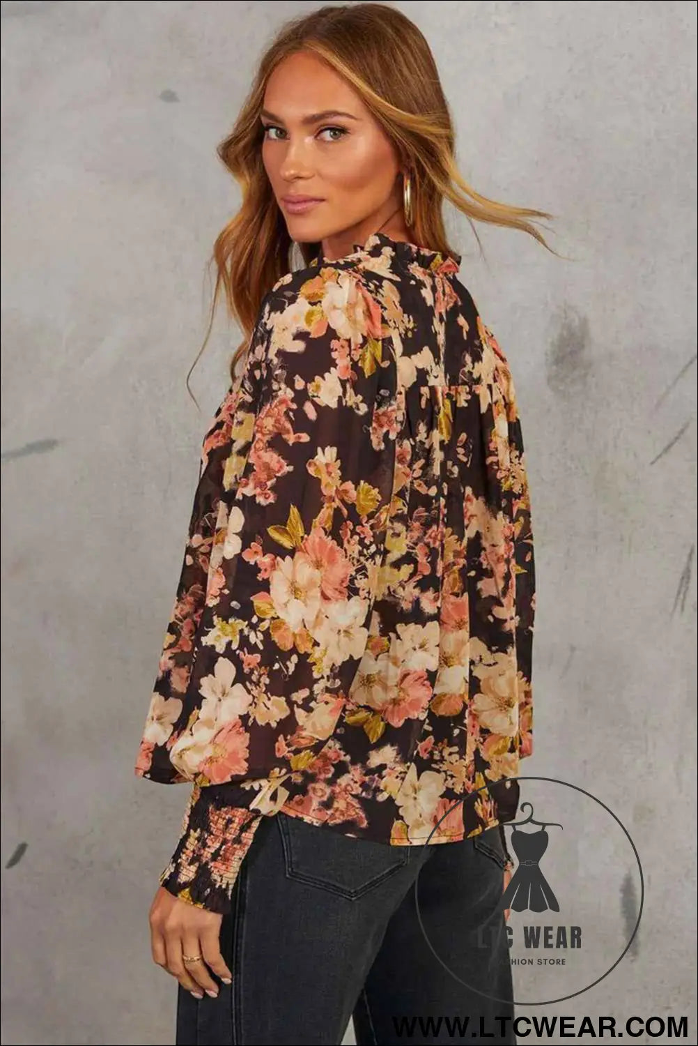Black Floral V Neck Long Puff Sleeve Breezy Blouse