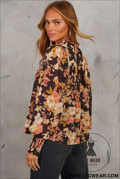 Black Floral V Neck Long Puff Sleeve Breezy Blouse