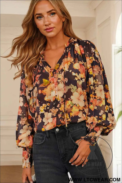 Black Floral V Neck Long Puff Sleeve Breezy Blouse