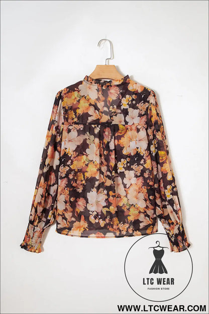 Black Floral V Neck Long Puff Sleeve Breezy Blouse - L.T.C Wear Online Fashion Store