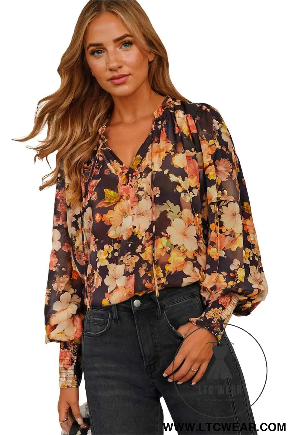 Black Floral V Neck Long Puff Sleeve Breezy Blouse