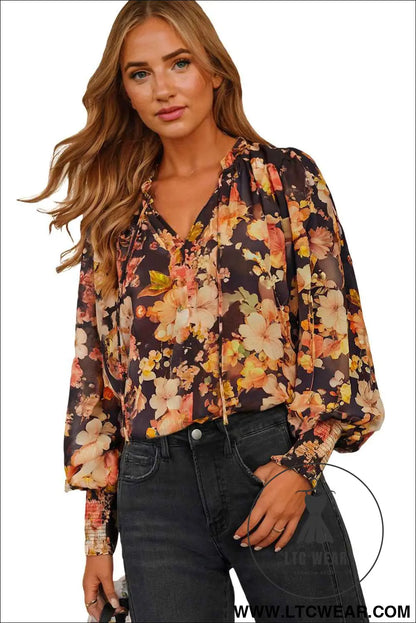 Black Floral V Neck Long Puff Sleeve Breezy Blouse