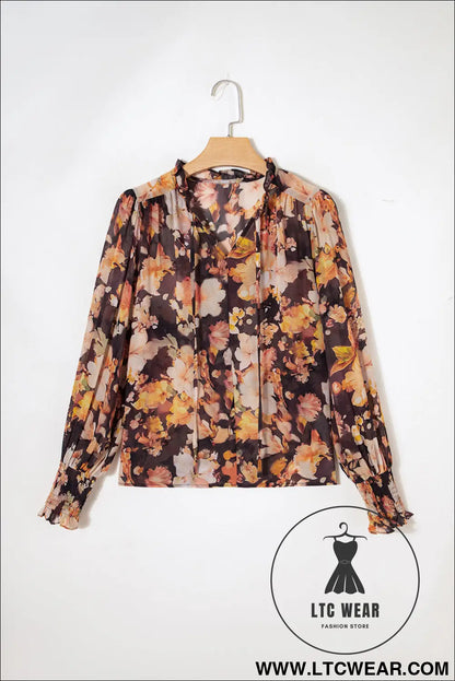 Black Floral V Neck Long Puff Sleeve Breezy Blouse - L.T.C Wear Online Fashion Store