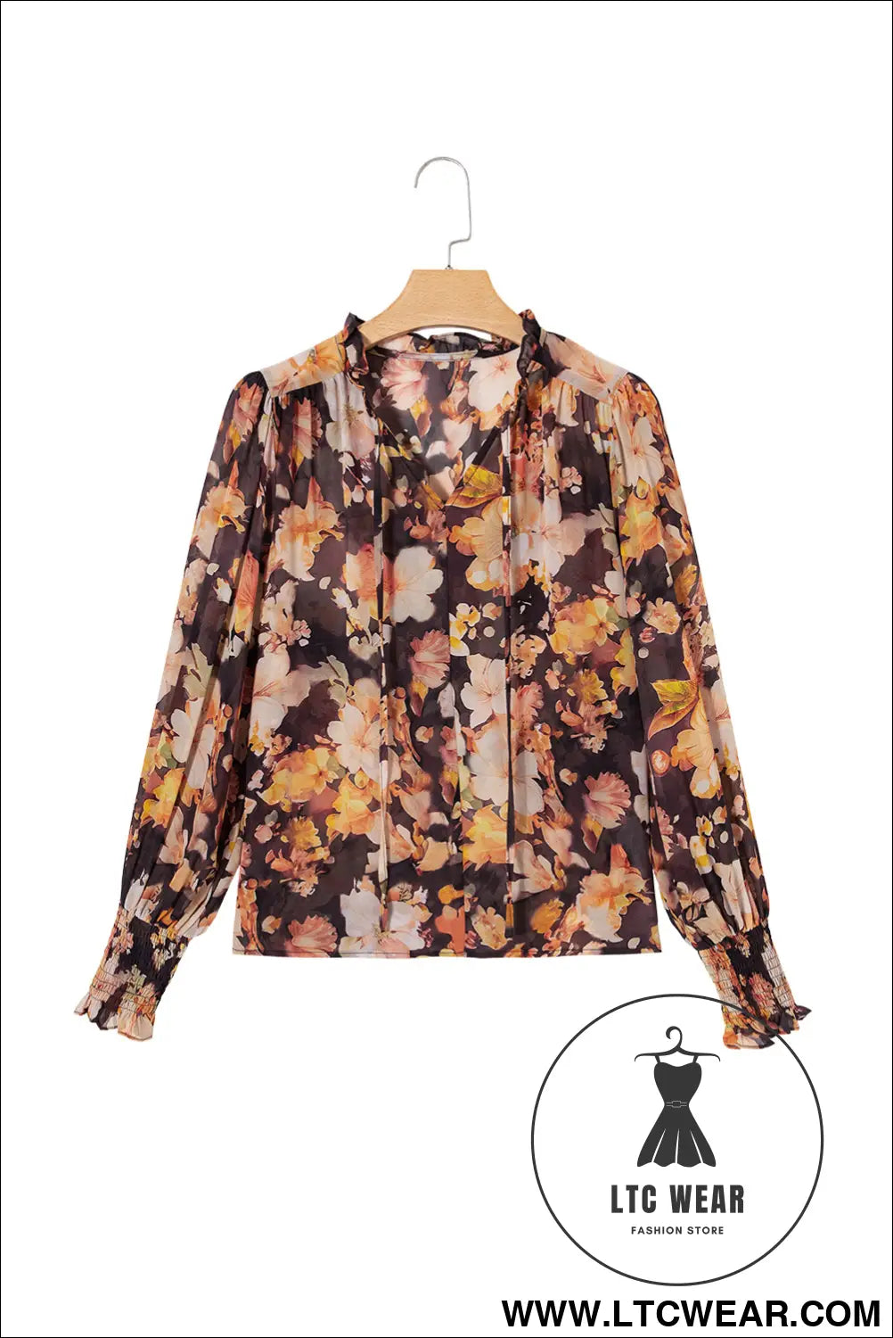 Black Floral V Neck Long Puff Sleeve Breezy Blouse - L.T.C Wear Online Fashion Store
