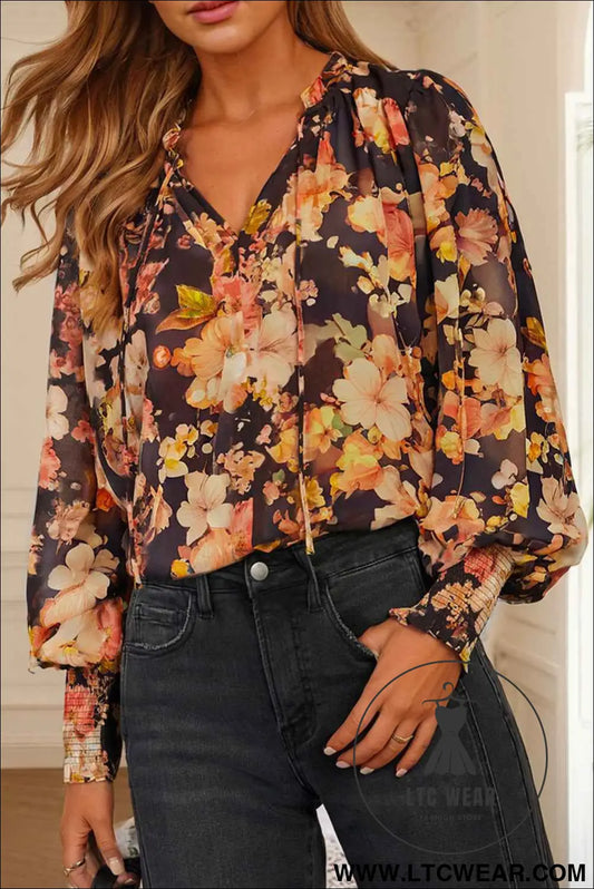 Black Floral V Neck Long Puff Sleeve Breezy Blouse