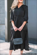 Black Flounced Bracelet Sleeve V Neck Tiered Maxi Dress