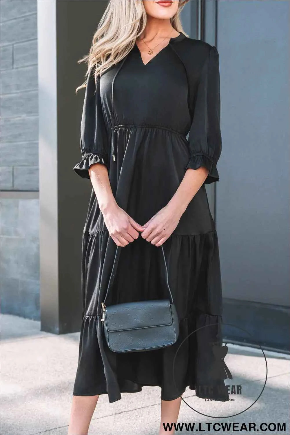 Black Flounced Bracelet Sleeve V Neck Tiered Maxi Dress
