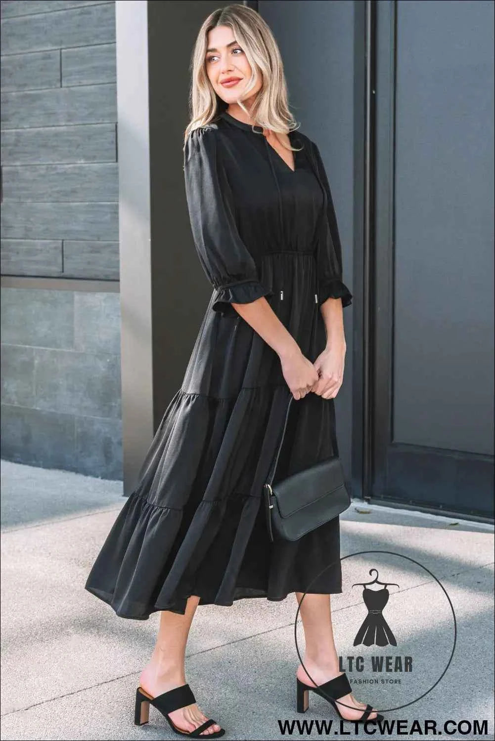 Black Flounced Bracelet Sleeve V Neck Tiered Maxi Dress