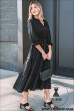 Black Flounced Bracelet Sleeve V Neck Tiered Maxi Dress