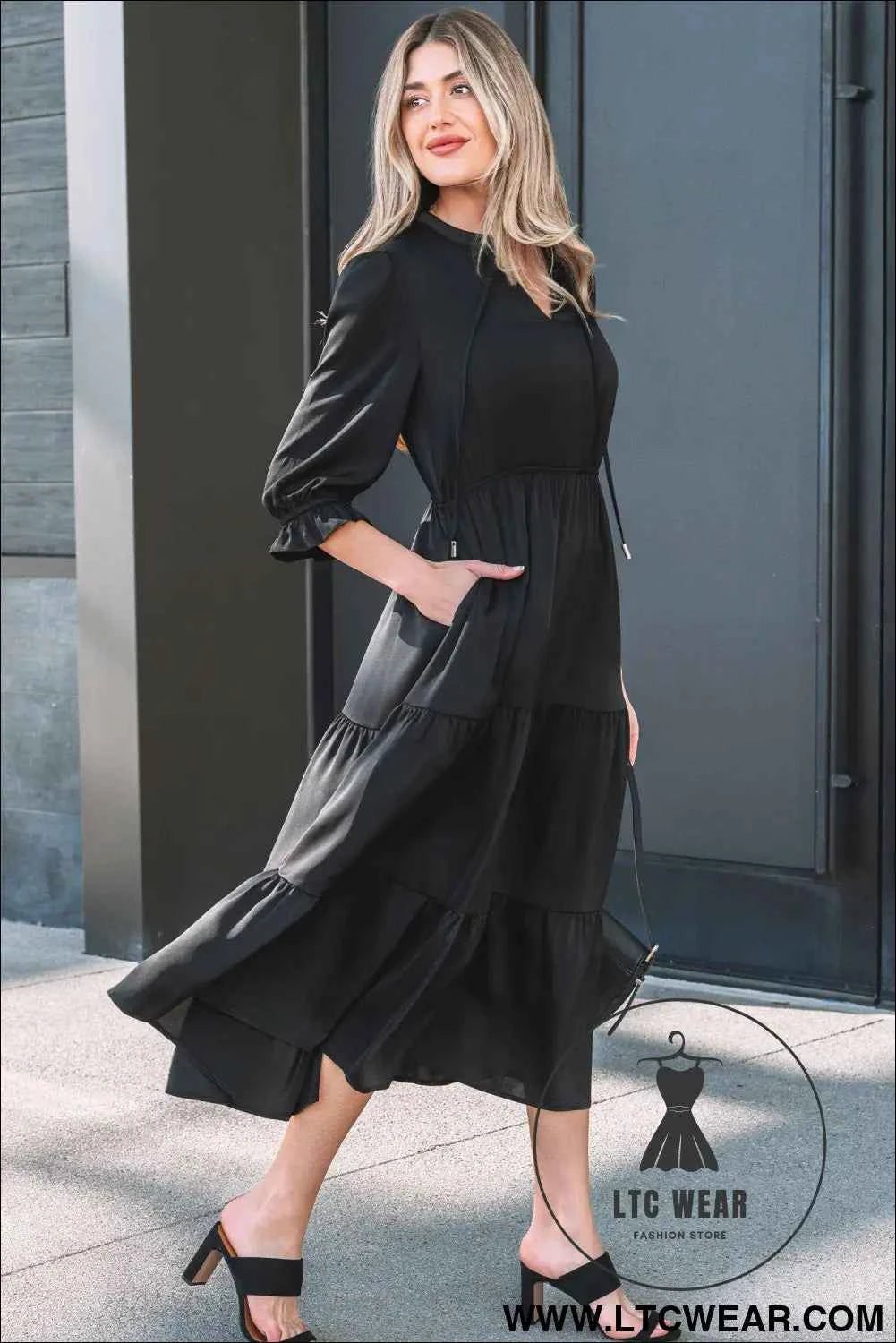 Black Flounced Bracelet Sleeve V Neck Tiered Maxi Dress
