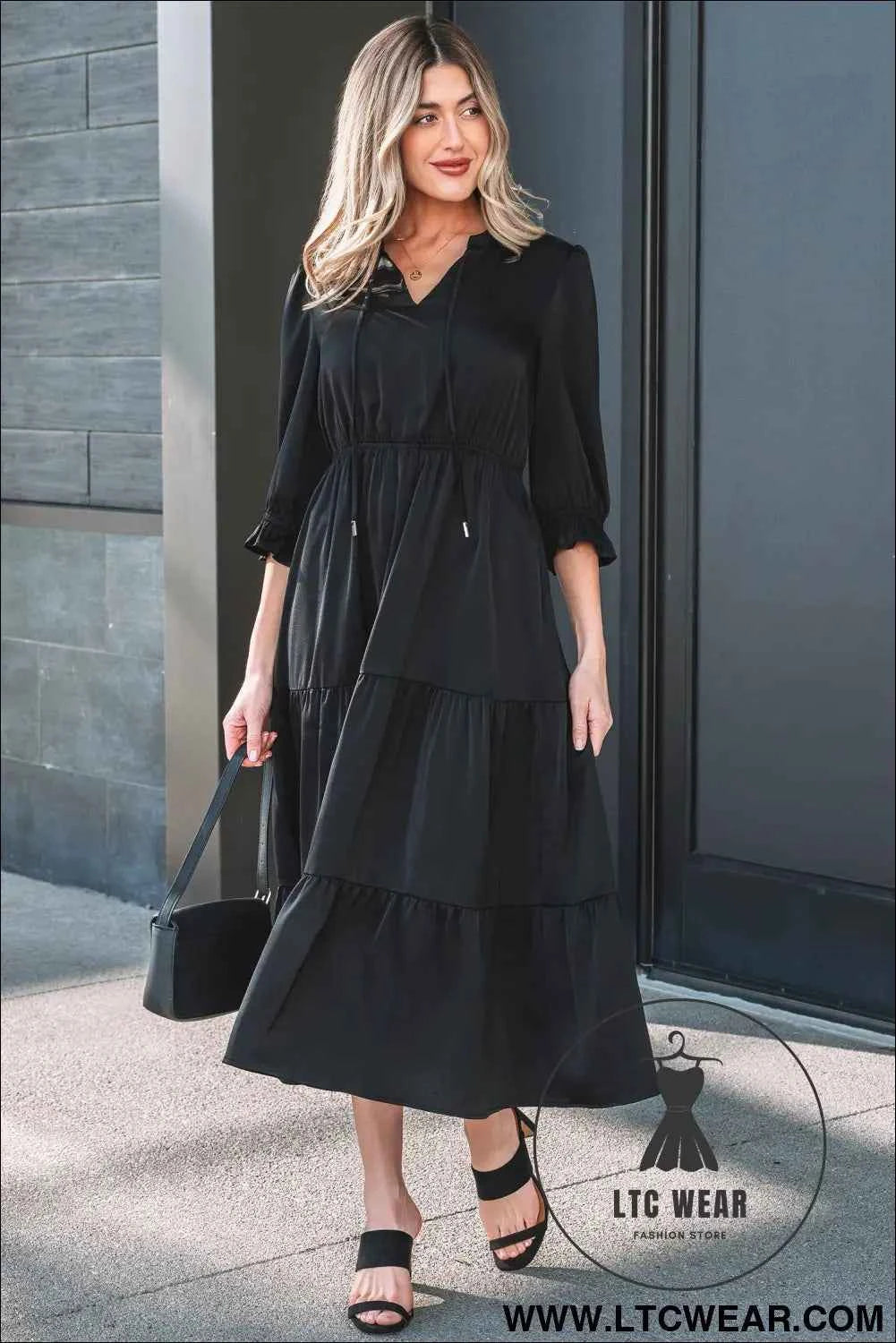 Black Flounced Bracelet Sleeve V Neck Tiered Maxi Dress