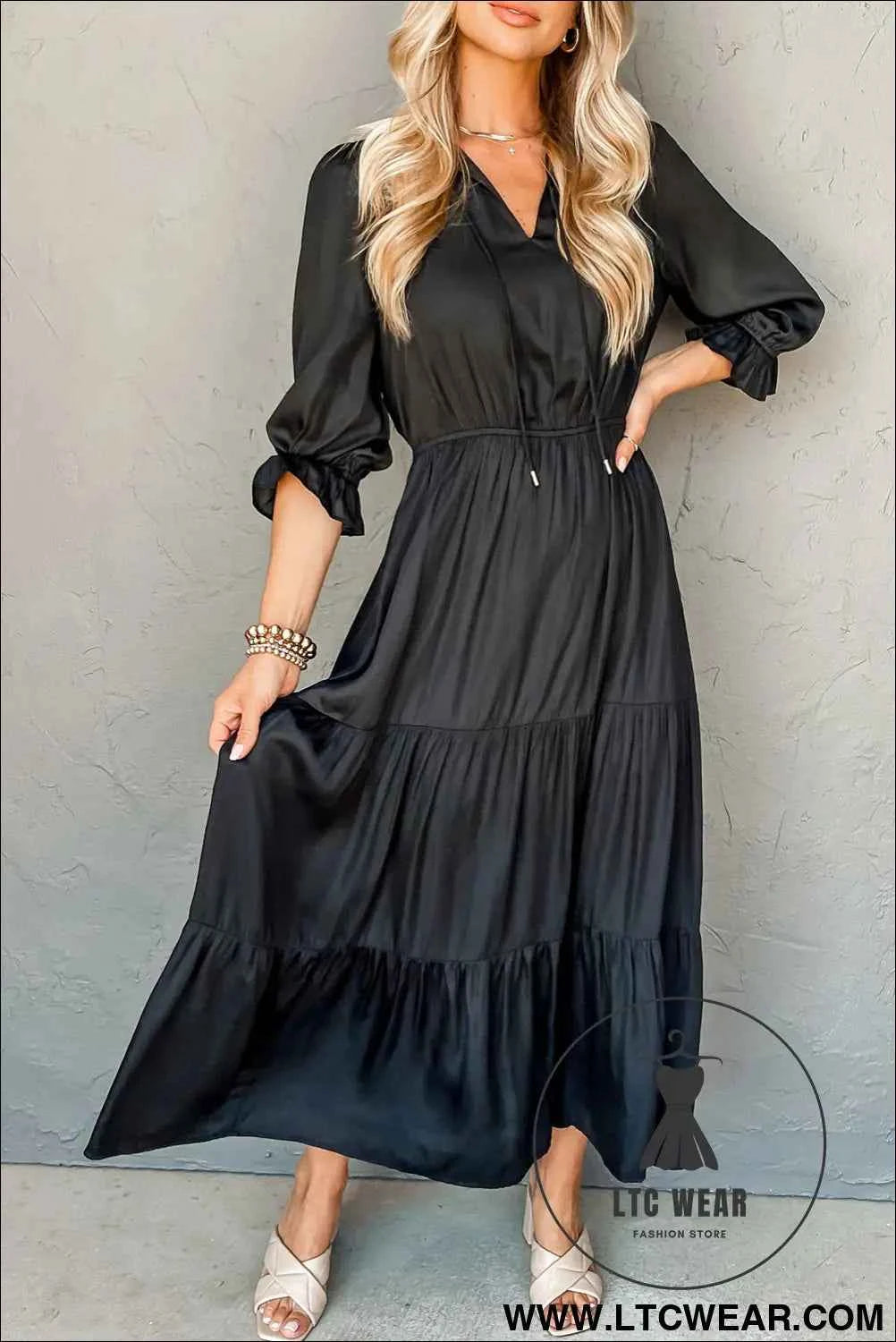 Black Flounced Bracelet Sleeve V Neck Tiered Maxi Dress