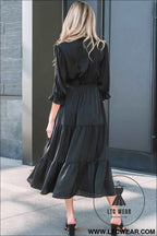 Black Flounced Bracelet Sleeve V Neck Tiered Maxi Dress