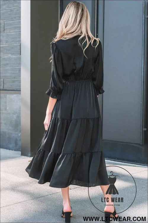 Black Flounced Bracelet Sleeve V Neck Tiered Maxi Dress