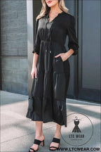Black Flounced Bracelet Sleeve V Neck Tiered Maxi Dress