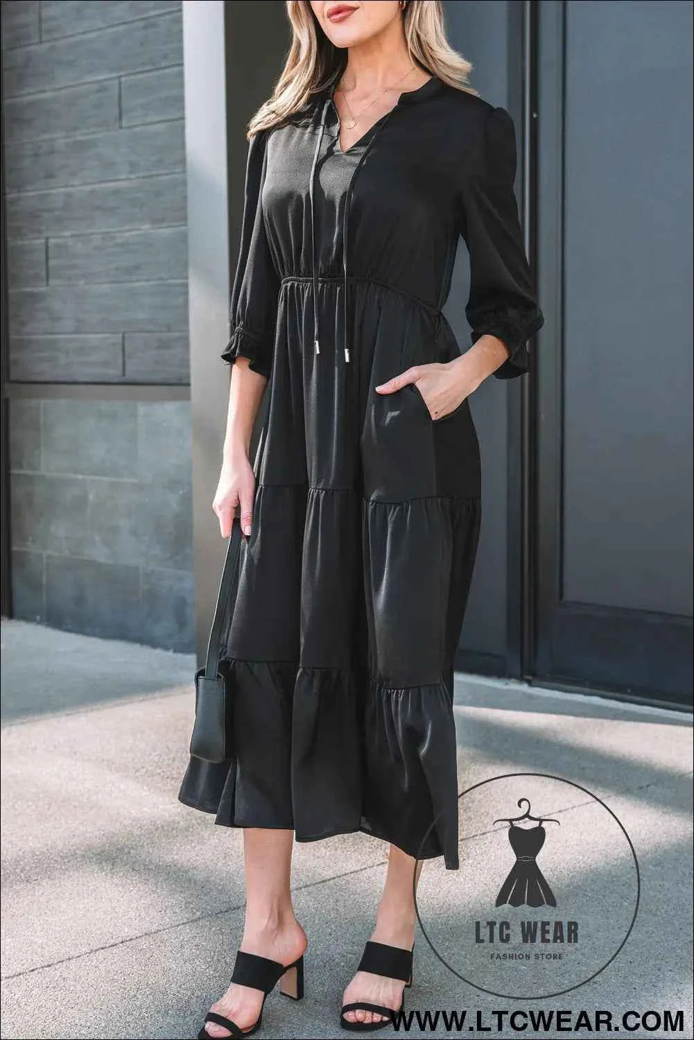 Black Flounced Bracelet Sleeve V Neck Tiered Maxi Dress
