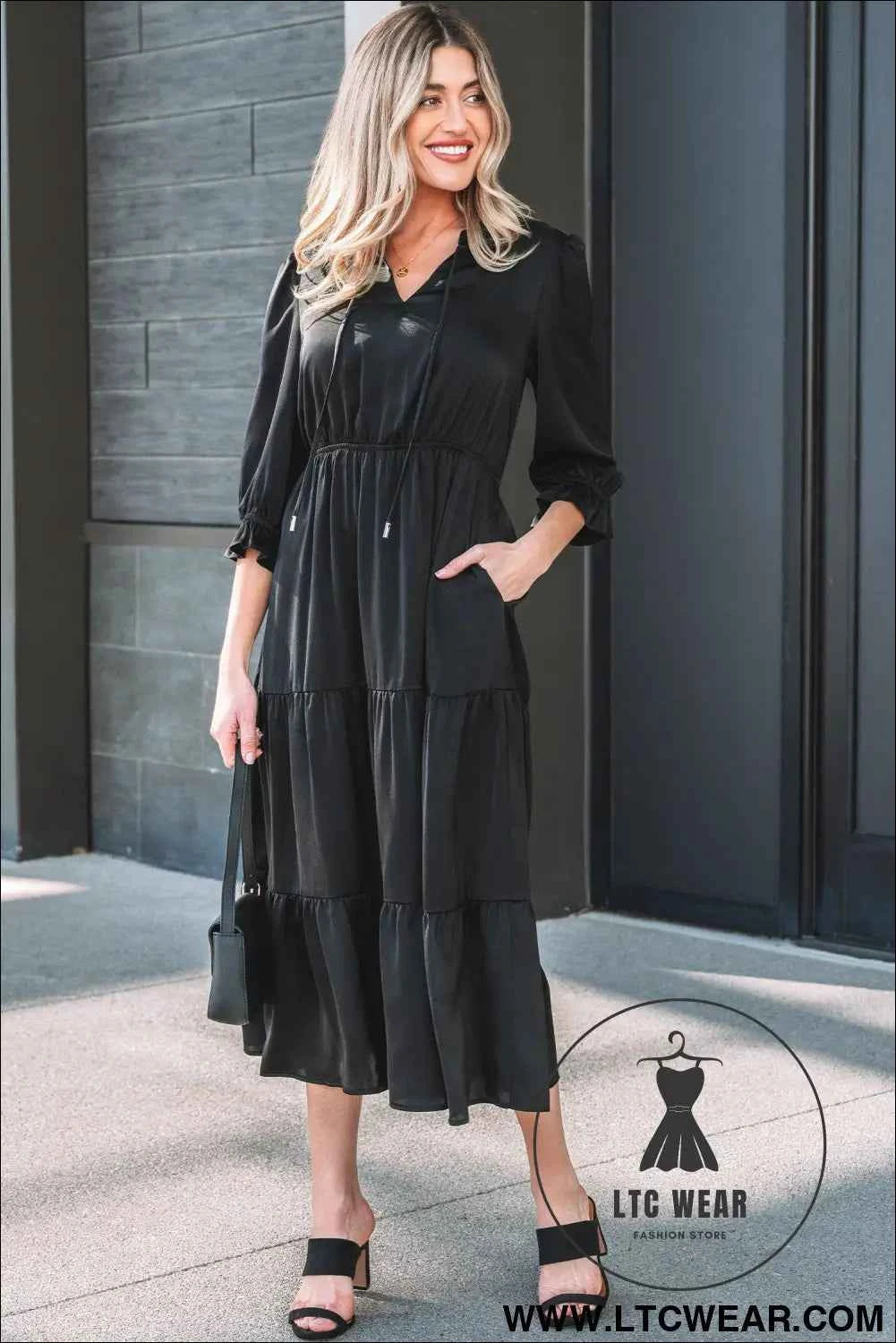 Black Flounced Bracelet Sleeve V Neck Tiered Maxi Dress