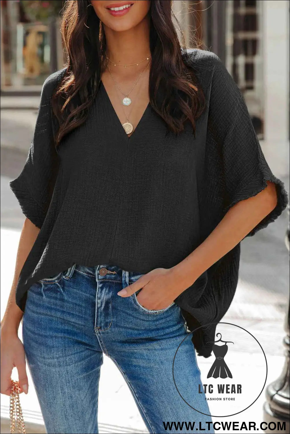 Black Frayed Batwing Sleeve Textured Cotton Blouse