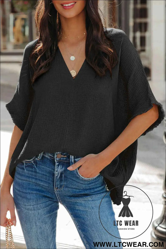 Black Frayed Batwing Sleeve Textured Cotton Blouse