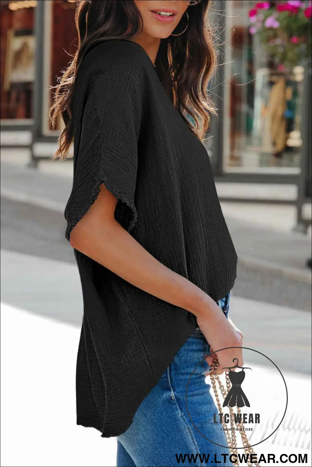 Black Frayed Batwing Sleeve Textured Cotton Blouse