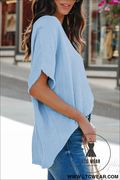 Black Frayed Batwing Sleeve Textured Cotton Blouse - L.T.C Wear Online Fashion Store