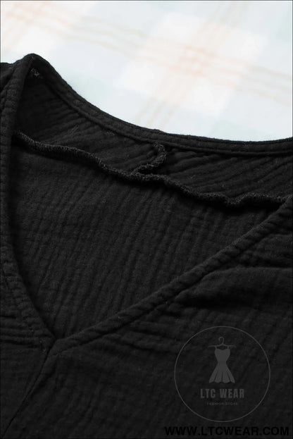 Black Frayed Batwing Sleeve Textured Cotton Blouse - L.T.C Wear Online Fashion Store