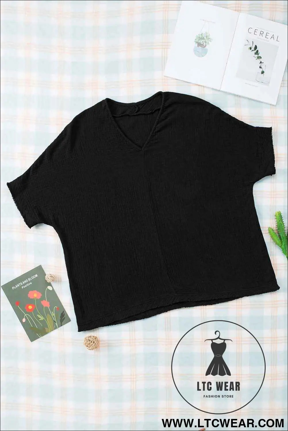Black Frayed Batwing Sleeve Textured Cotton Blouse