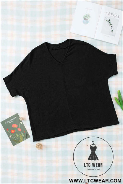 Black Frayed Batwing Sleeve Textured Cotton Blouse
