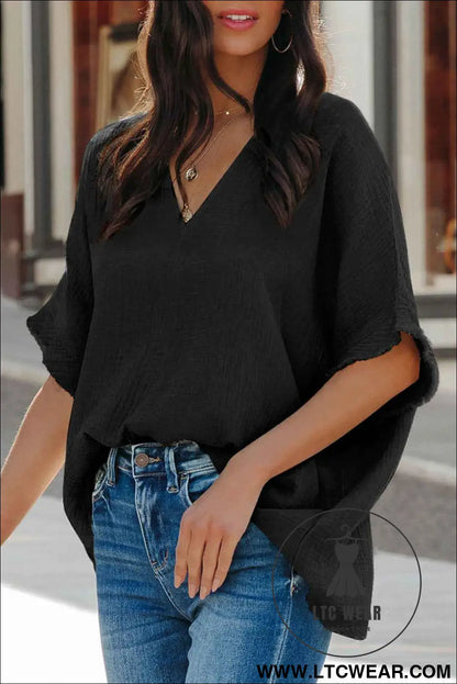 Black Frayed Batwing Sleeve Textured Cotton Blouse